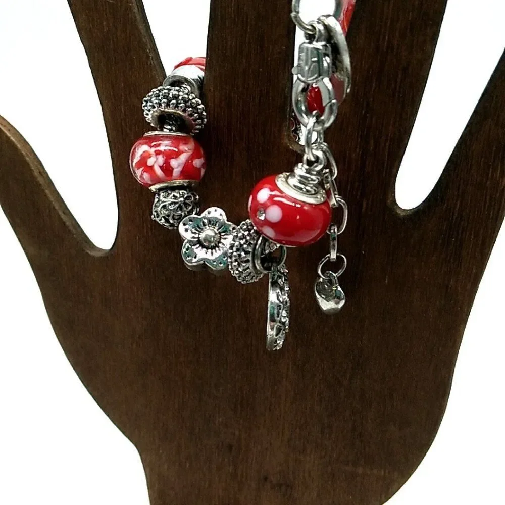 Bling Silver-tone & Red Beaded Charm Slider Bracelet on Snake Chain NWOT